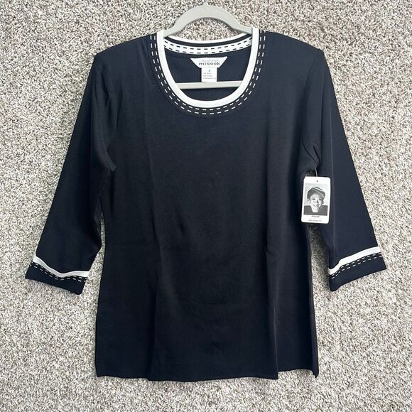 Exclusively Misook Top Women’s Small Black & White 3/4 Sleeve Stretch Knit NWT - Picture 1 of 6